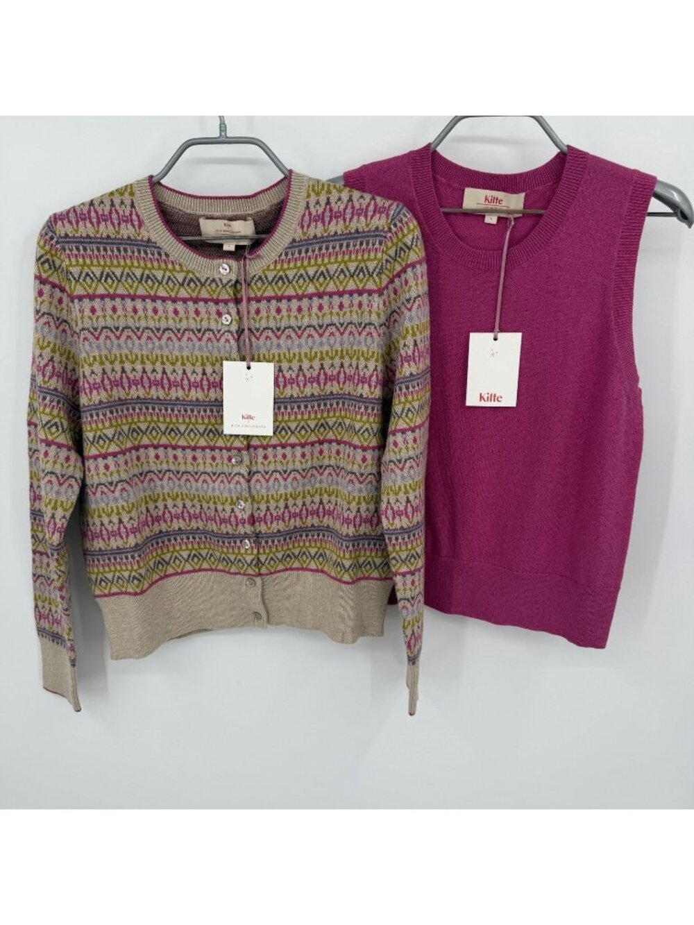 Kilte Collection Goldie Fair Isle Cardigan Sweater & Fuchsia Carrie Tank sz 1 S